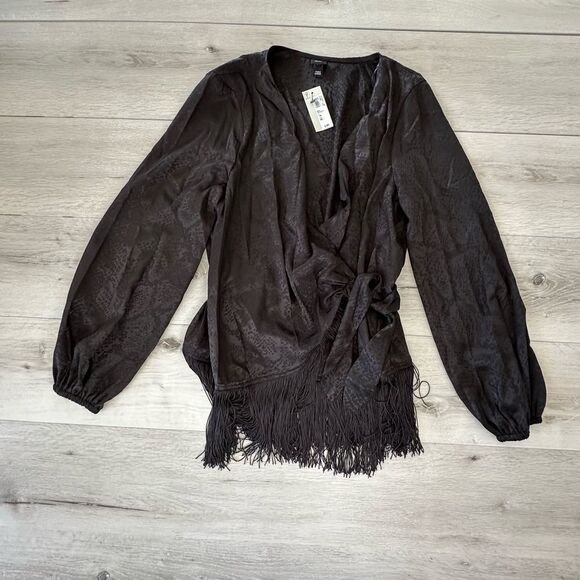 River Island Black Long Sleeve Wrap Fringe Hem Top Black‎ US 10 NWT IN PACKAGING - Picture 7 of 9